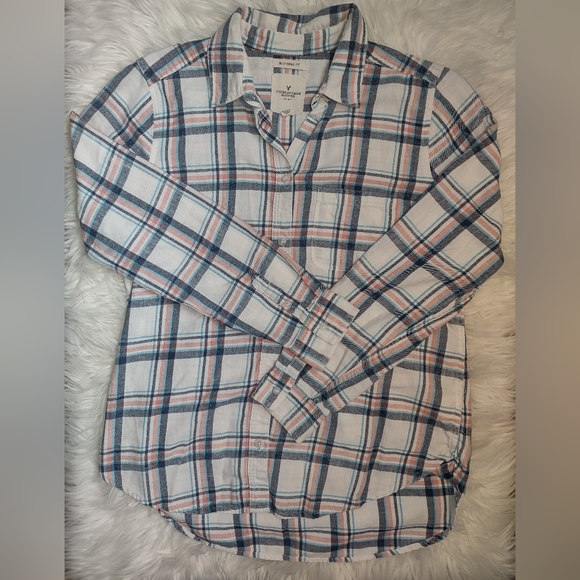 American Eagle Outfitters Boyfriend Fit Flannel In Pink/Blue/White Size Medium - Picture 2 of 5